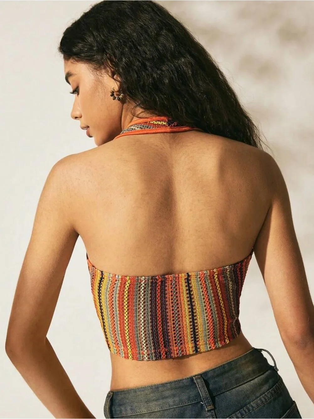 SHEIN Orange Multi-Stripe Crochet Lace-Up Halter Camisole Tie front with beads L - Picture 2 of 11